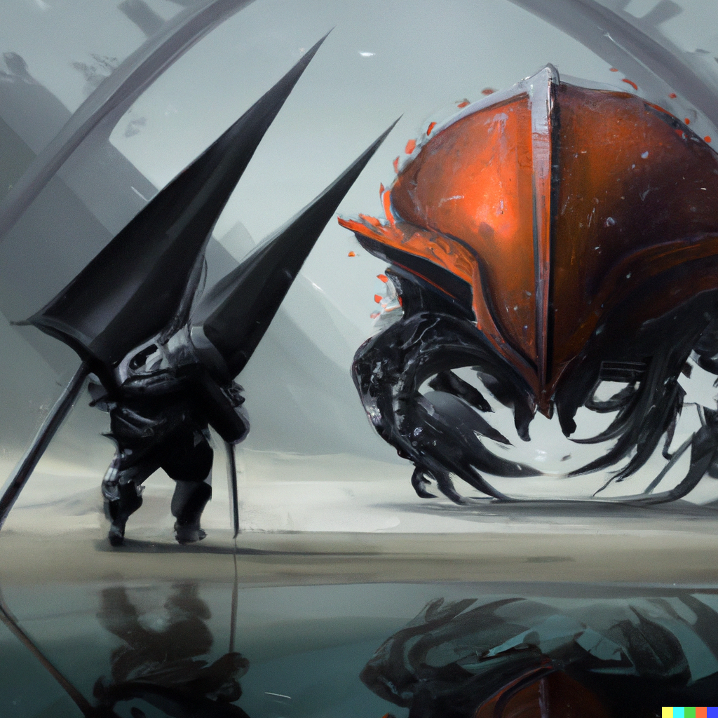DALL·E 2022-09-01 18.19.41 – Scale armour One being brings life Another runs for death Scale armour digital painting, artstation, concept art, smooth, sharp focus, illustration,