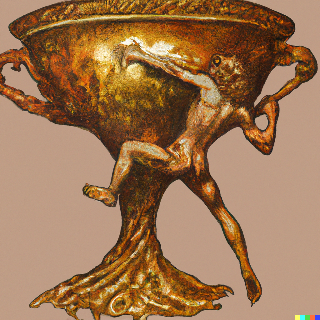 DALL·E 2022-09-01 18.25.53 – a gold pot that has two arms, with one arm bent up in the air and the other arm bent touching his hip greg rutkowski krenz cushart, artem demura, alp