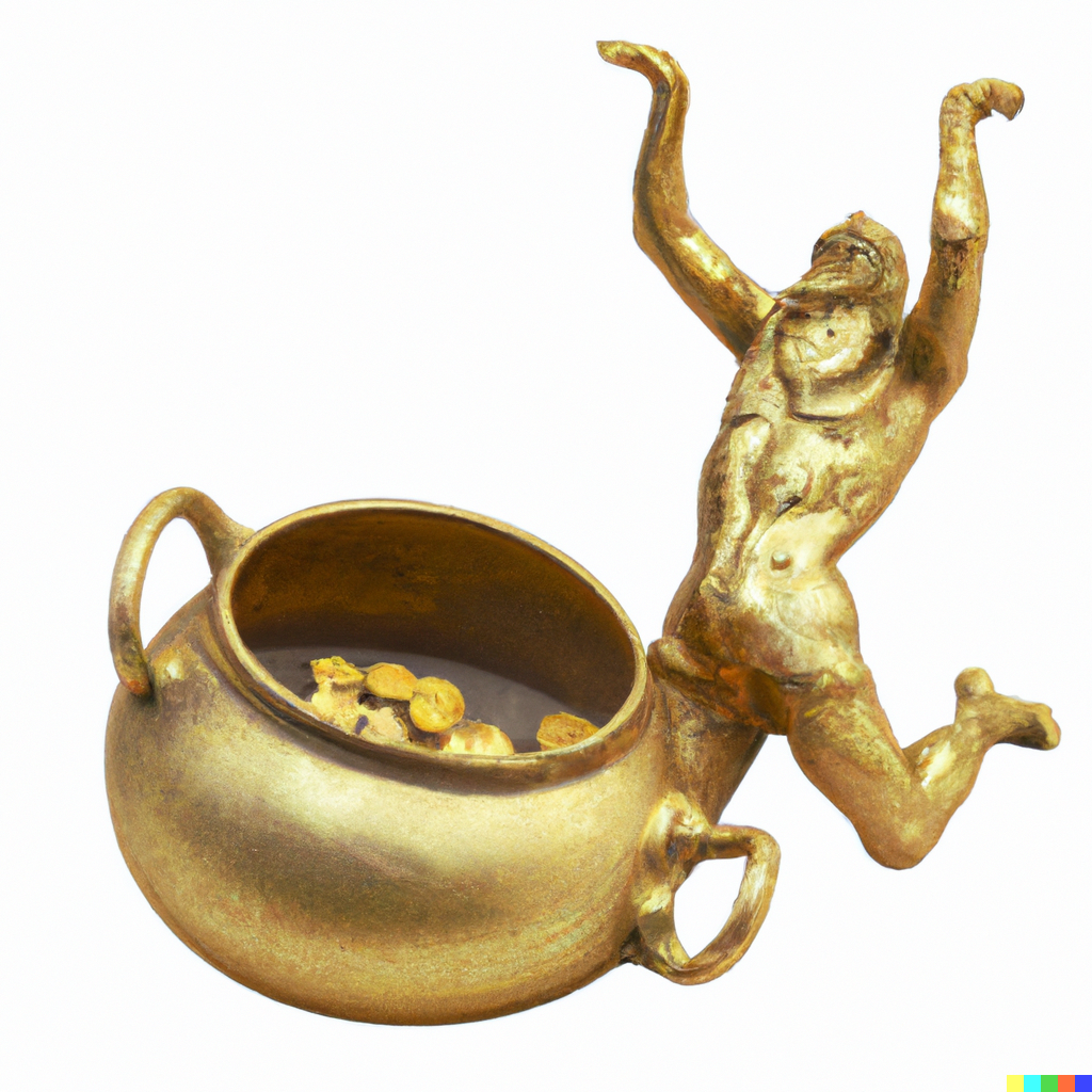 DALL·E 2022-09-01 18.26.36 – a gold pot that has two arms, with one arm bent up in the air and the other arm bent touching his hip greg rutkowski krenz cushart