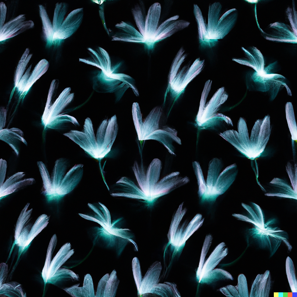 DALL·E 2022-09-01 22.08.04 – a botanical scientific diagram of alien bioluminescent flowers on a dark background in the style of a repeating pattern for wallpaper