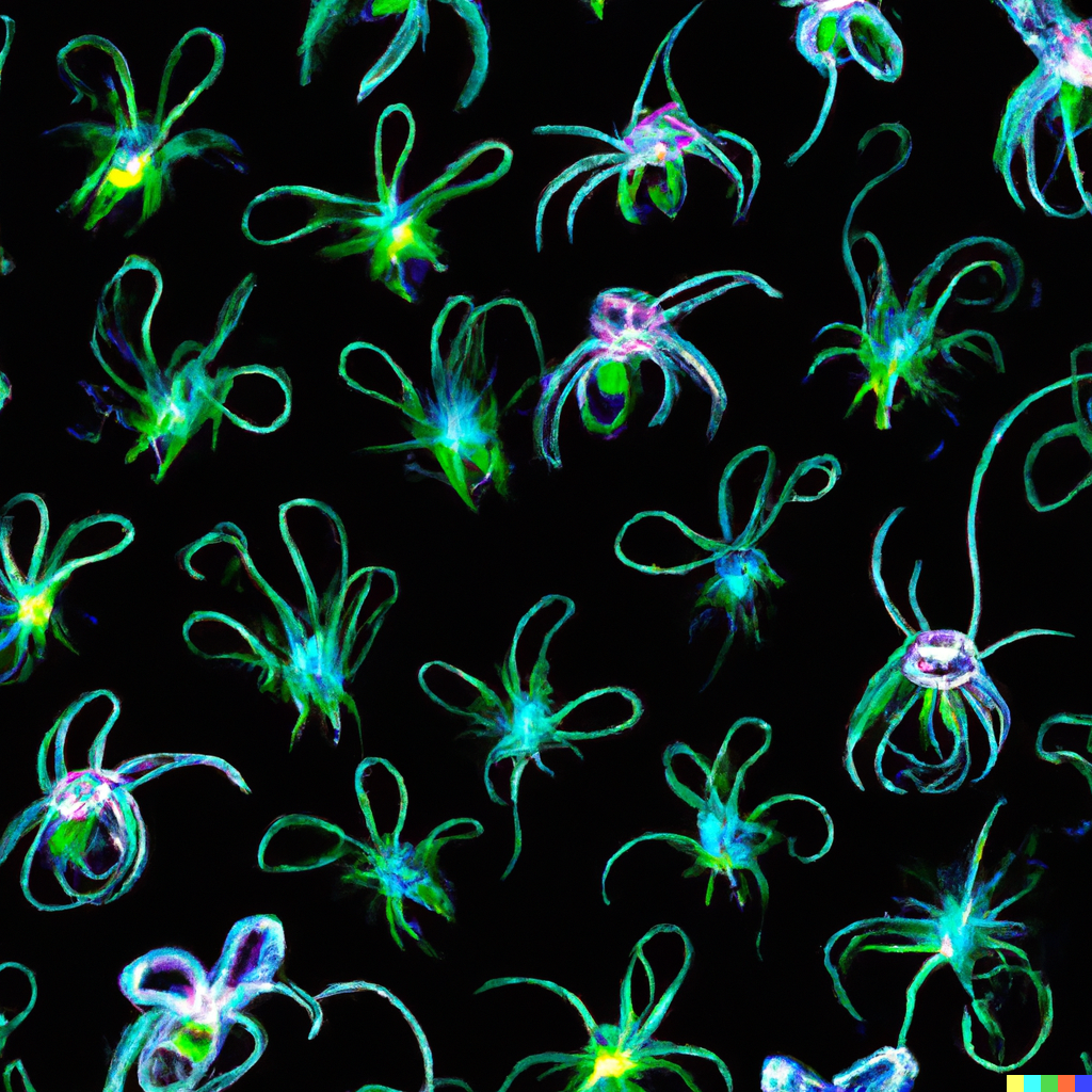 DALL·E 2022-09-01 22.08.09 – a botanical scientific diagram of alien bioluminescent flowers on a dark background in the style of a repeating pattern for wallpaper