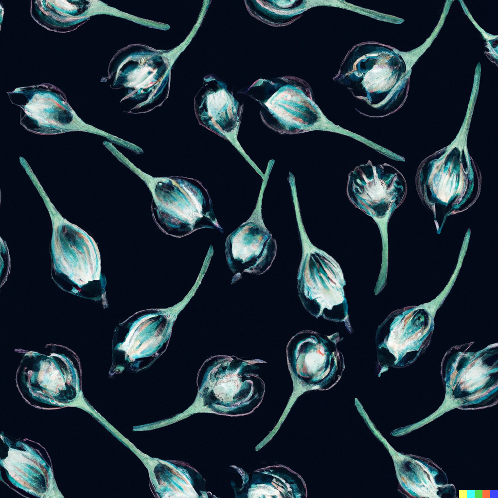 DALL·E 2022-09-01 22.08.14 – a botanical scientific diagram of alien bioluminescent flowers on a dark background in the style of a repeating pattern for wallpaper