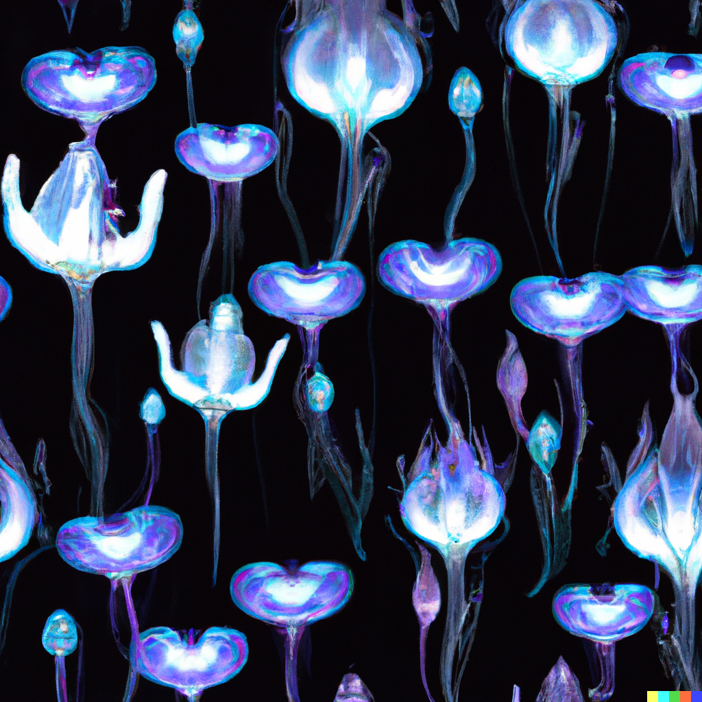 DALL·E 2022-09-01 22.08.19 – a botanical scientific diagram of alien bioluminescent flowers on a dark background in the style of a repeating pattern for wallpaper