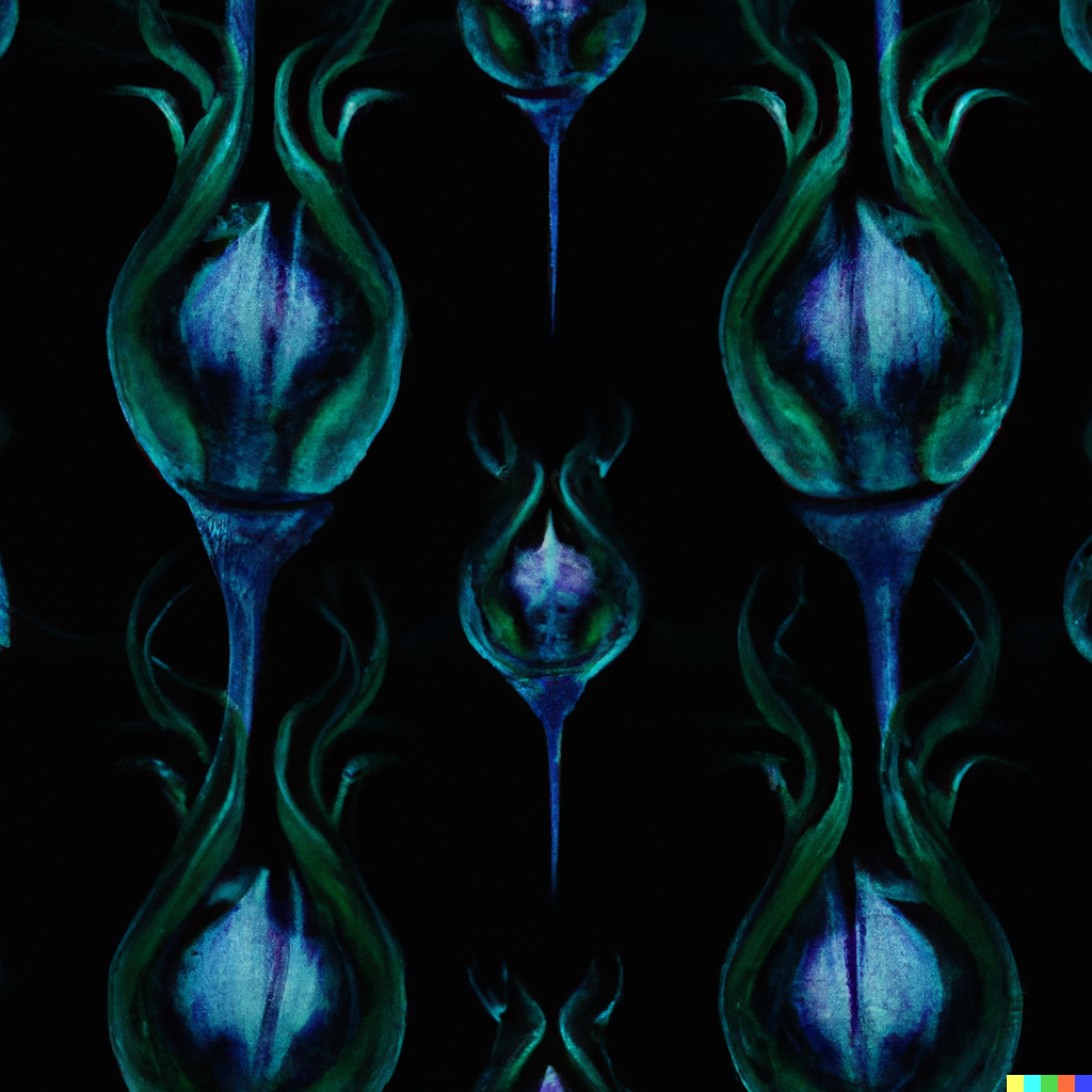 DALL·E 2022-09-01 22.09.00 – a botanical scientific diagram of alien bioluminescent flowers on a dark background in the style of a repeating pattern for wallpaper by giger, zdzisł