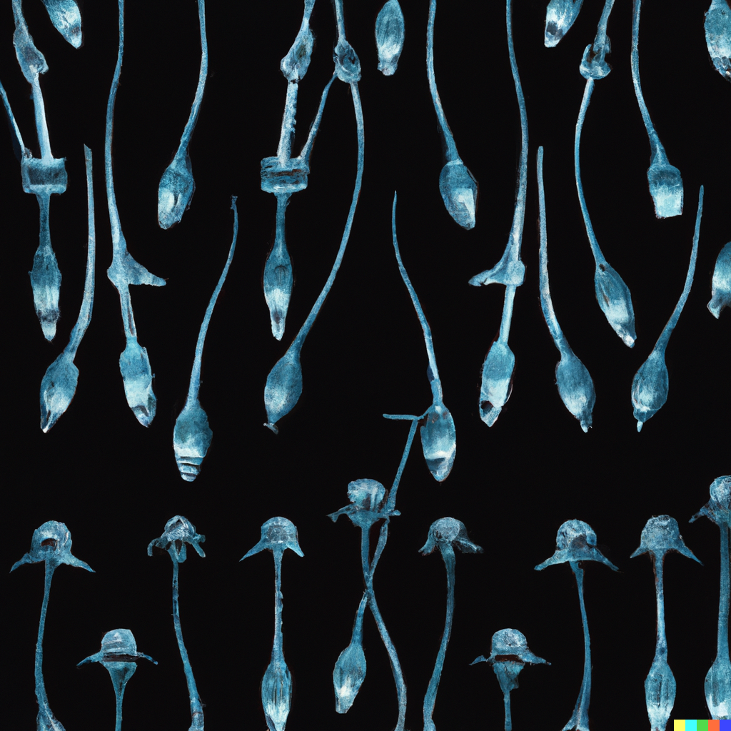 DALL·E 2022-09-01 22.09.09 – a botanical scientific diagram of alien bioluminescent flowers on a dark background in the style of a repeating pattern for wallpaper by giger, zdzisł