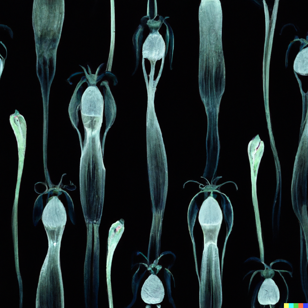 DALL·E 2022-09-01 22.09.13 – a botanical scientific diagram of alien bioluminescent flowers on a dark background in the style of a repeating pattern for wallpaper by giger, zdzisł