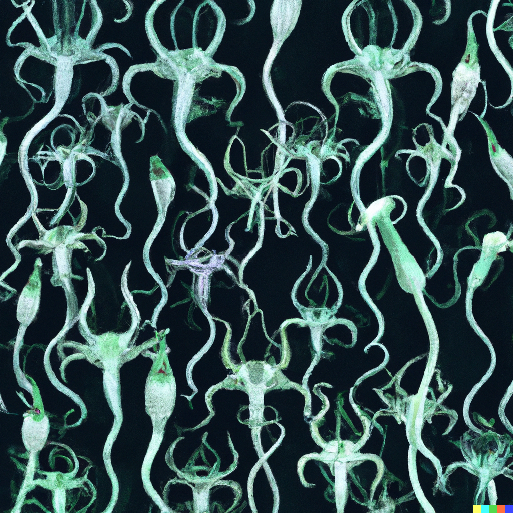 DALL·E 2022-09-01 22.10.03 – a botanical scientific diagram of alien bioluminescent flowers with exoskeletons on a dark background in the style of a repeating pattern for wallpape
