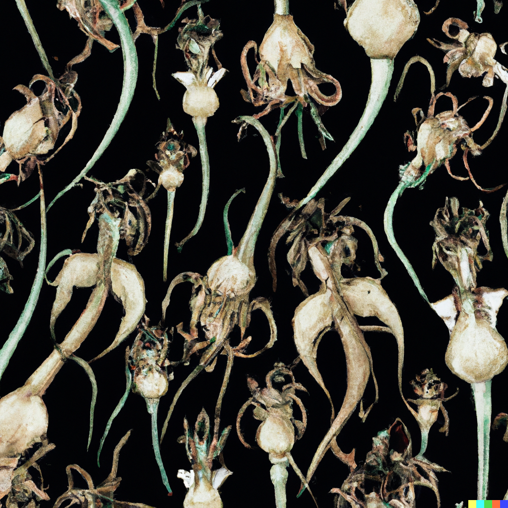 DALL·E 2022-09-01 22.10.16 – a botanical scientific diagram of alien bioluminescent flowers with exoskeletons on a dark background in the style of a repeating pattern for wallpape