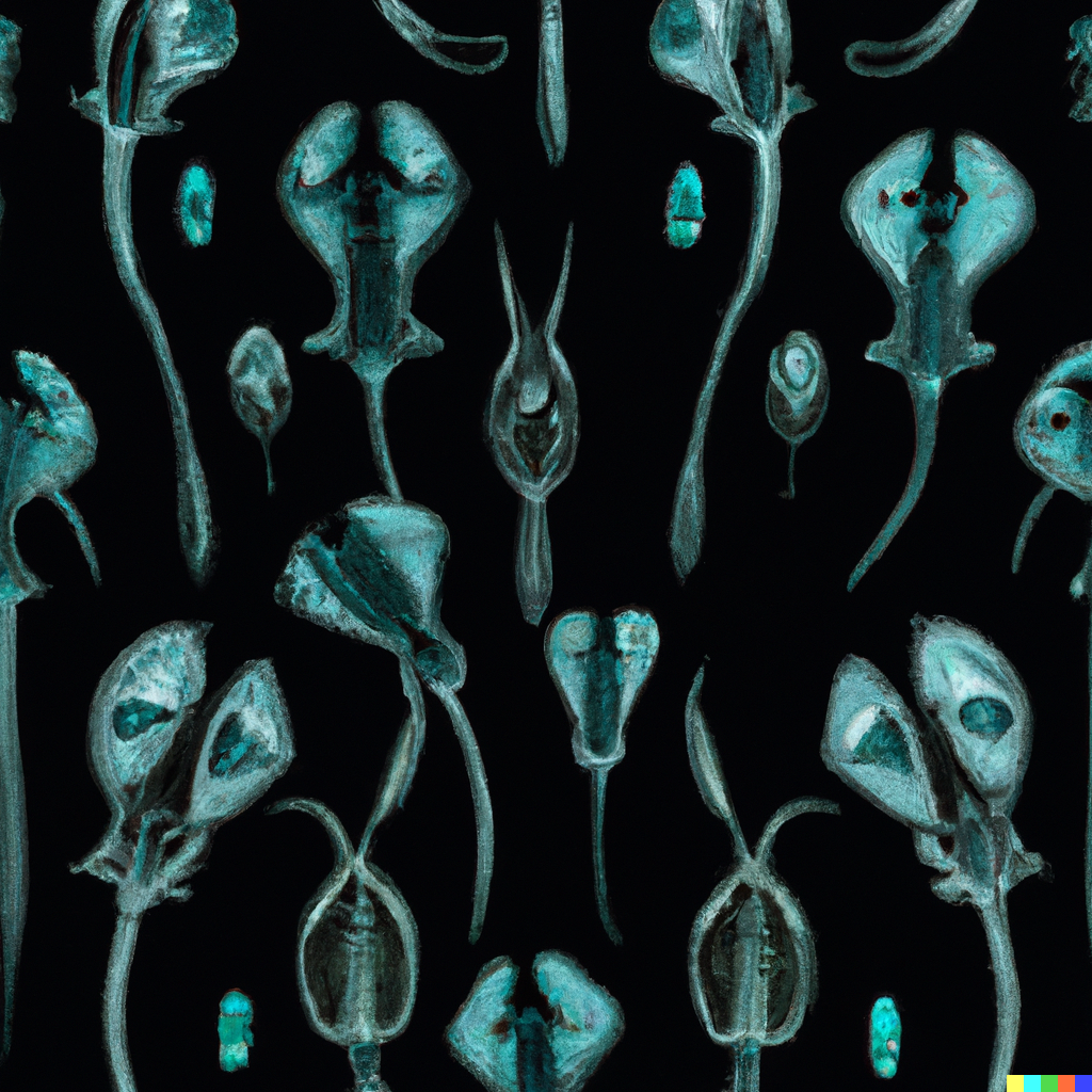 DALL·E 2022-09-01 22.11.17 – a botanical scientific diagram of alien bioluminescent flowers with exoskeletons on a dark background in the style of a repeating pattern for wallpape