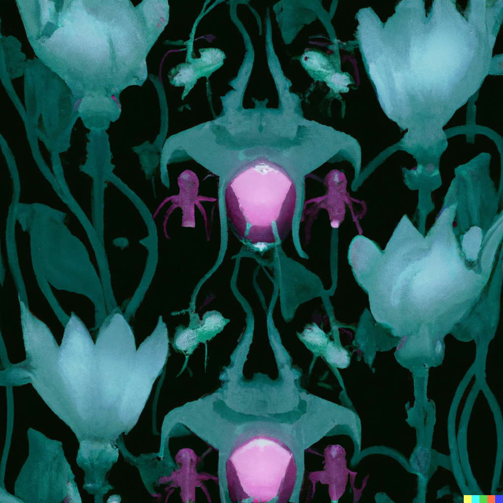 DALL·E 2022-09-01 22.11.53 – a botanical scientific diagram of alien bioluminescent interlinking flowers with exoskeletons on a dark background in the style of a repeating pattern