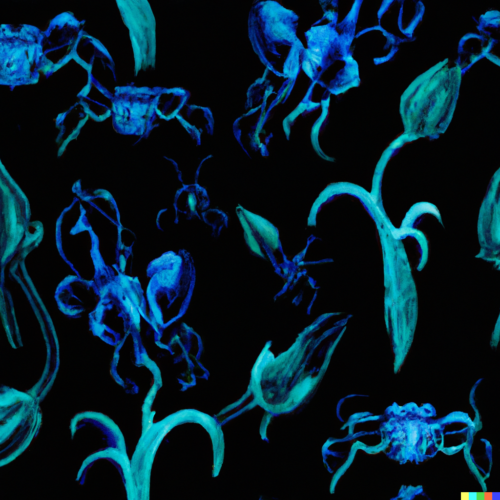 DALL·E 2022-09-01 22.12.02 – a botanical scientific diagram of alien bioluminescent interlinking flowers with exoskeletons on a dark background in the style of a repeating pattern