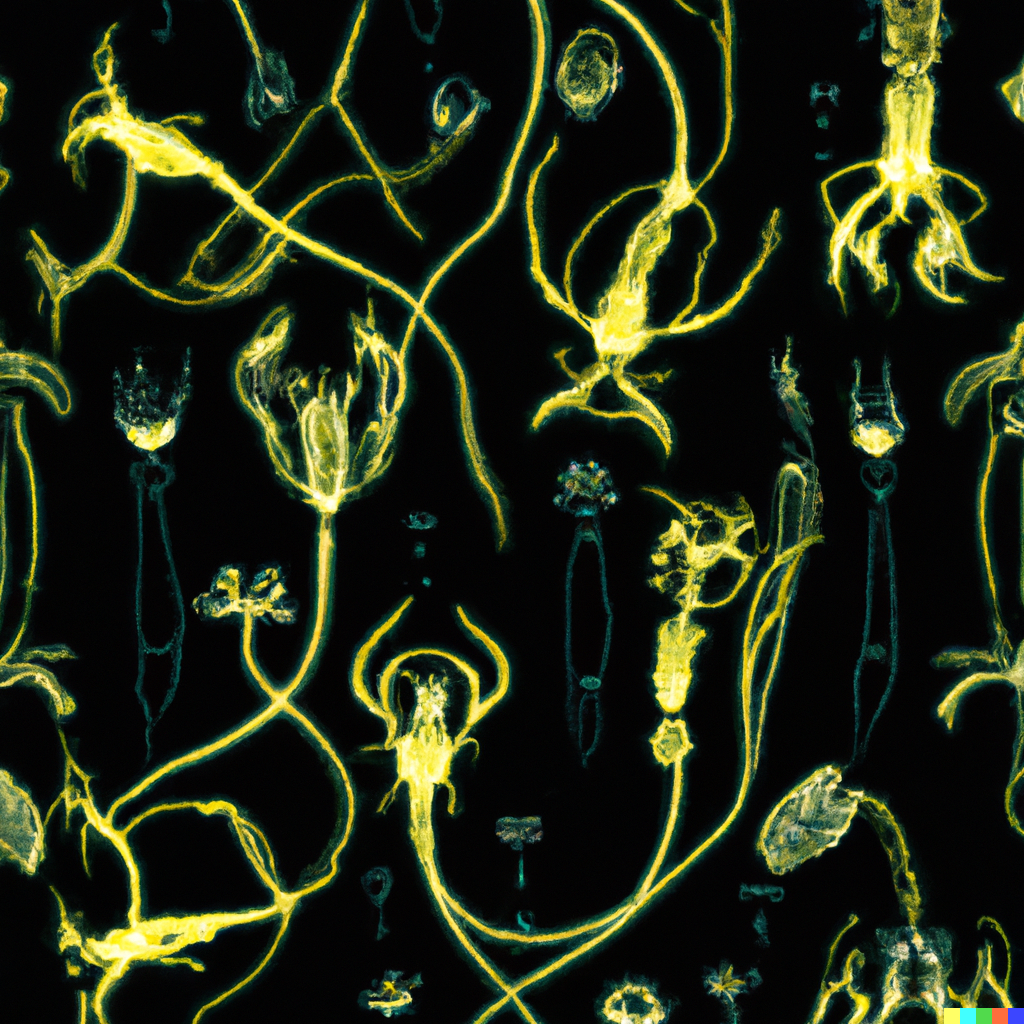 DALL·E 2022-09-01 22.12.05 – a botanical scientific diagram of alien bioluminescent interlinking flowers with exoskeletons on a dark background in the style of a repeating pattern