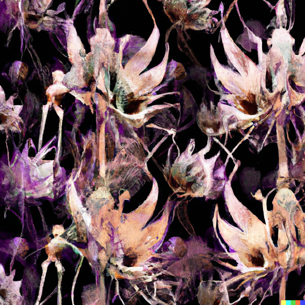 DALL·E 2022-09-03 11.43.29 – a botanical scientific diagram of alien interlinking flowers with exoskeletons on a dark background in the style of a repeating pattern for wallpaper