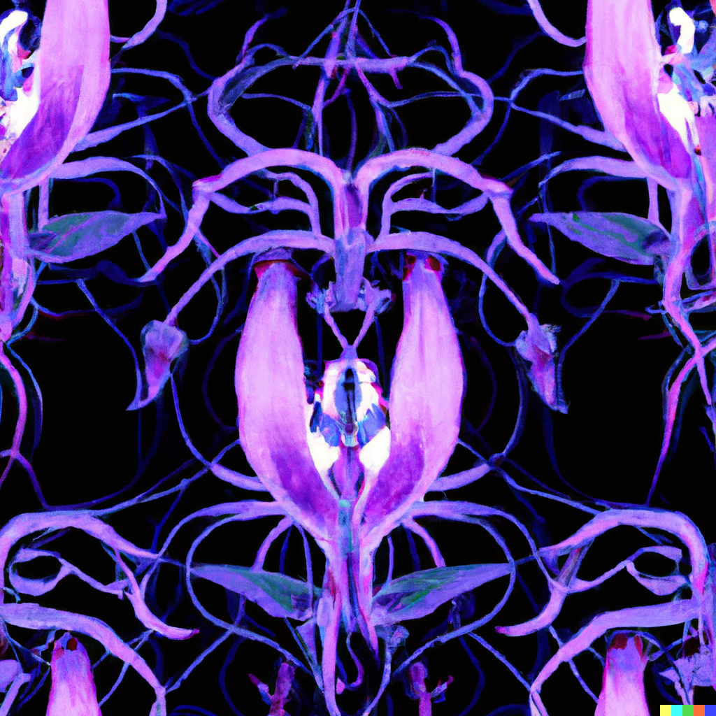 DALL·E 2022-09-03 11.43.31 – a botanical scientific diagram of alien interlinking flowers with exoskeletons on a dark background in the style of a repeating pattern for wallpaper
