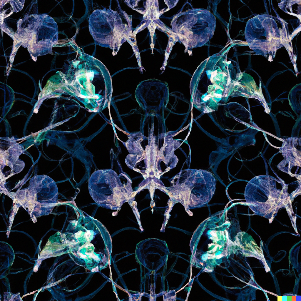 DALL·E 2022-09-03 11.43.33 – a botanical scientific diagram of alien interlinking flowers with exoskeletons on a dark background in the style of a repeating pattern for wallpaper