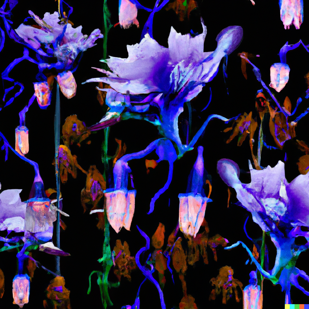 DALL·E 2022-09-03 11.43.38 – a botanical scientific diagram of alien interlinking flowers with exoskeletons on a dark background in the style of a repeating pattern for wallpaper