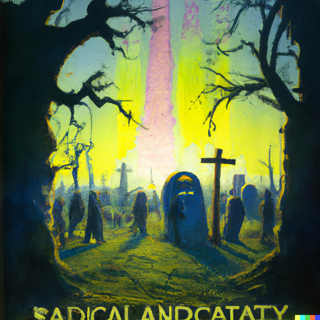 DALL·E 2022-09-03 11.45.01 – a radioactive graveyard with emerging zombies by Tim Doyle and Zdzisław Beksiński Greg Rutkowski