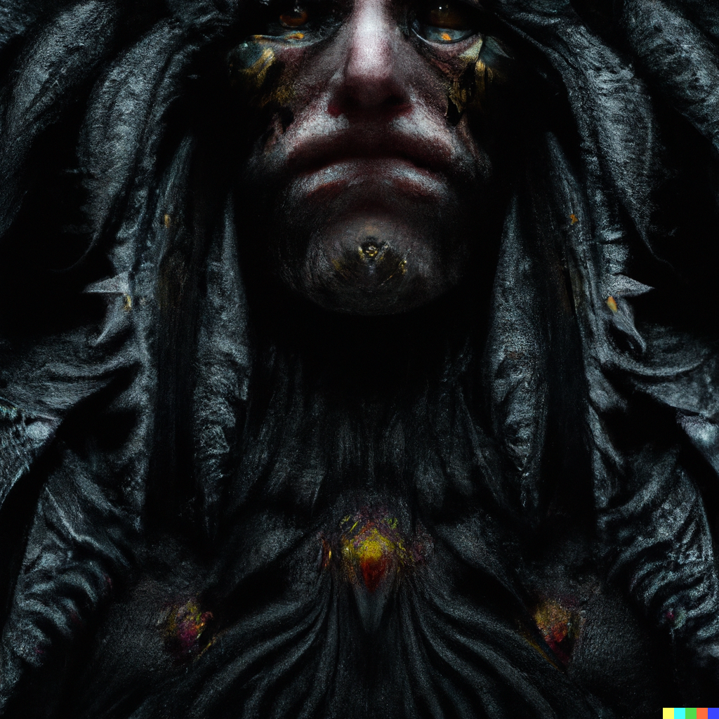 DALL·E 2022-09-03 13.05.53 – Defaced creature wearing a black robe, it’s face has been replaced by a fractal singularity of shifting patterns. fantasy, highly detailed, digital pa