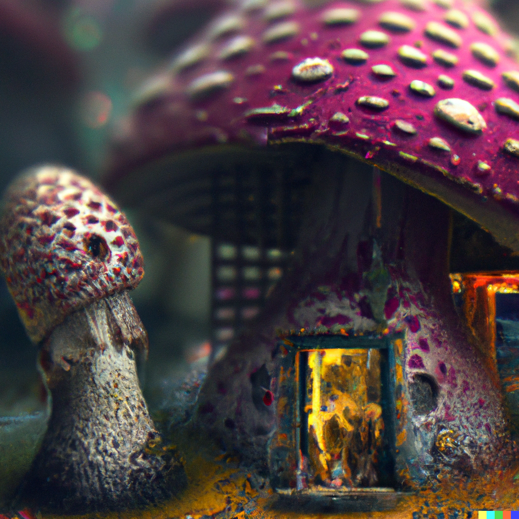 DALL·E 2022-09-03 13.07.12 – a lively and whimsical dark fungal pawn shop, cinematic framing, wide angle, rain lit, kawaii shop grows from the stalk of a giant mushroom, cgsociety