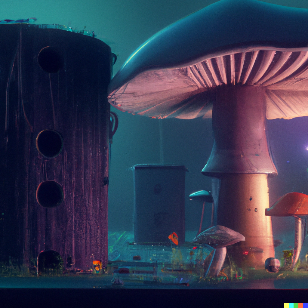 DALL·E 2022-09-03 13.07.16 – a lively and whimsical dark fungal pawn shop, cinematic framing, wide angle, rain lit, kawaii shop grows from the stalk of a giant mushroom, cgsociety