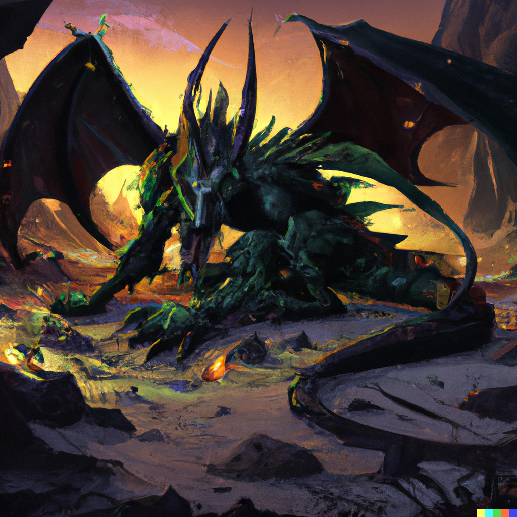 DALL·E 2022-09-08 21.08.03 – undead dragon on ground highly detailed, digital painting, artstation, concept art, smooth, sharp focus, illustration, cinematic lighting, art by artg