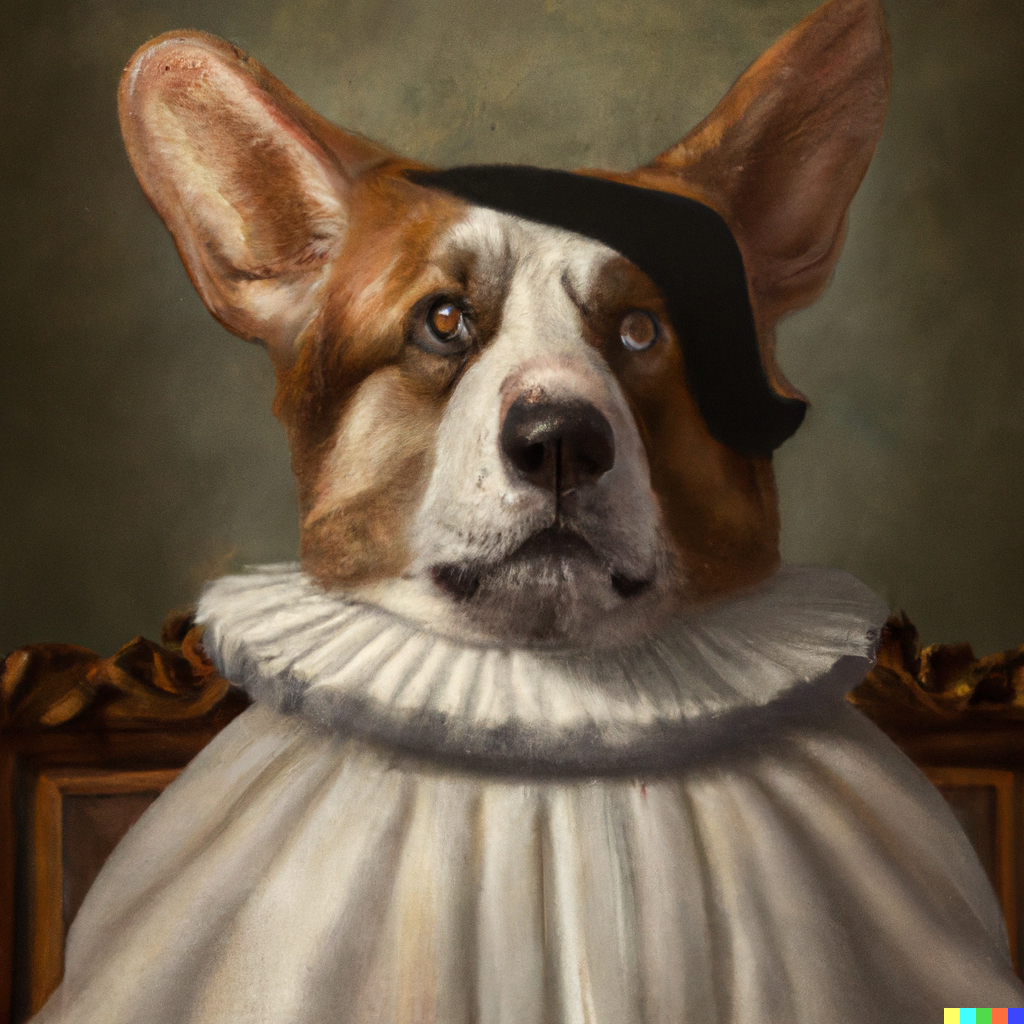 DALL·E 2022-09-08 21.08.17 – a portrait of a royal blindfolded corgi in the style of Leonardo da Vinci