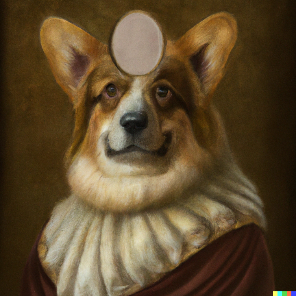 DALL·E 2022-09-08 21.08.24 – a portrait of a royal blindfolded corgi in the style of Leonardo da Vinci
