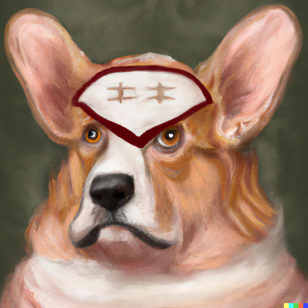 DALL·E 2022-09-08 21.08.27 – a portrait of a royal blindfolded corgi in the style of Leonardo da Vinci