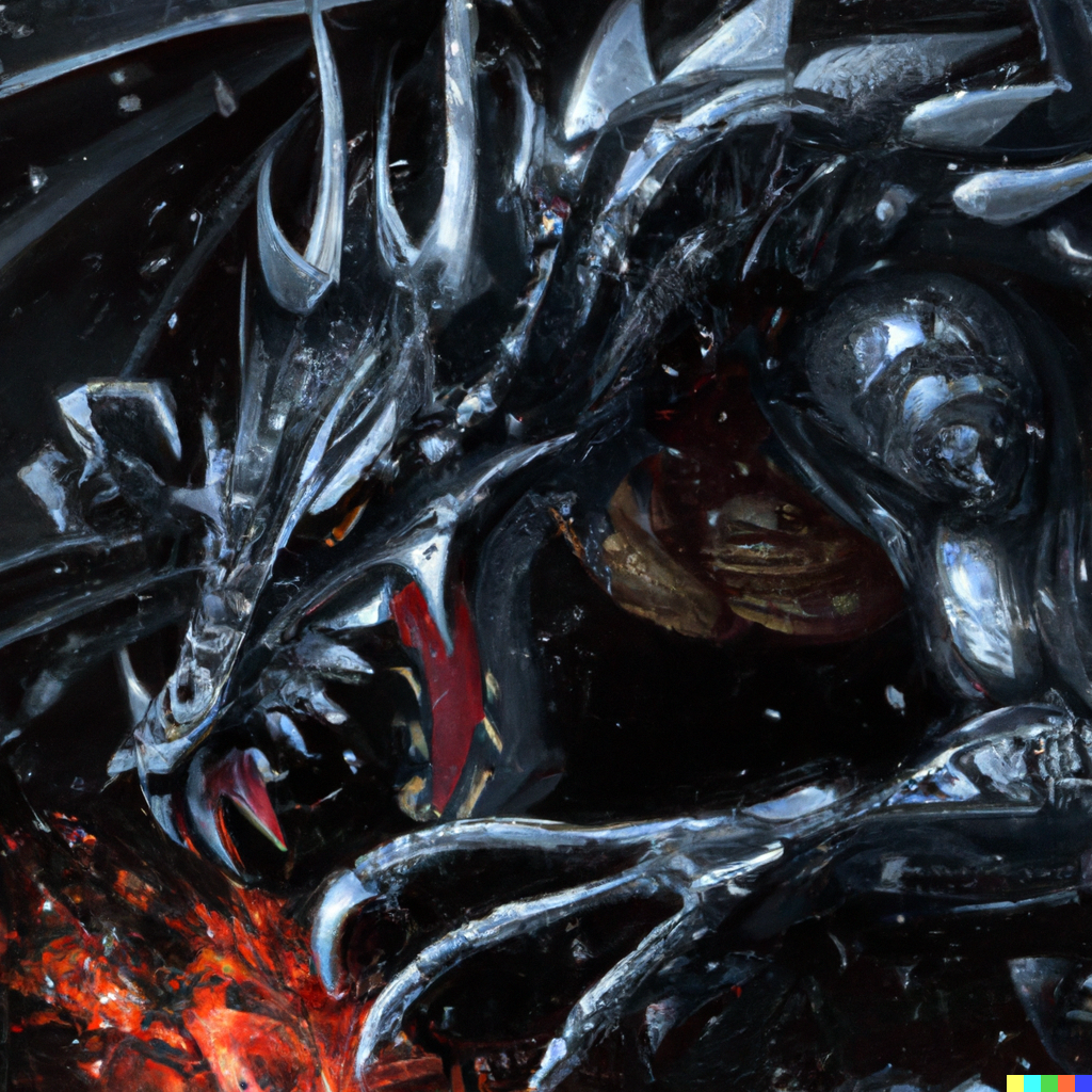 DALL·E 2022-09-08 21.09.02 – A roaring black lich dragon undead dragon with flesh dripping off its bones dracolich front game card, drark, marvel comics, dark, intricate, highly d