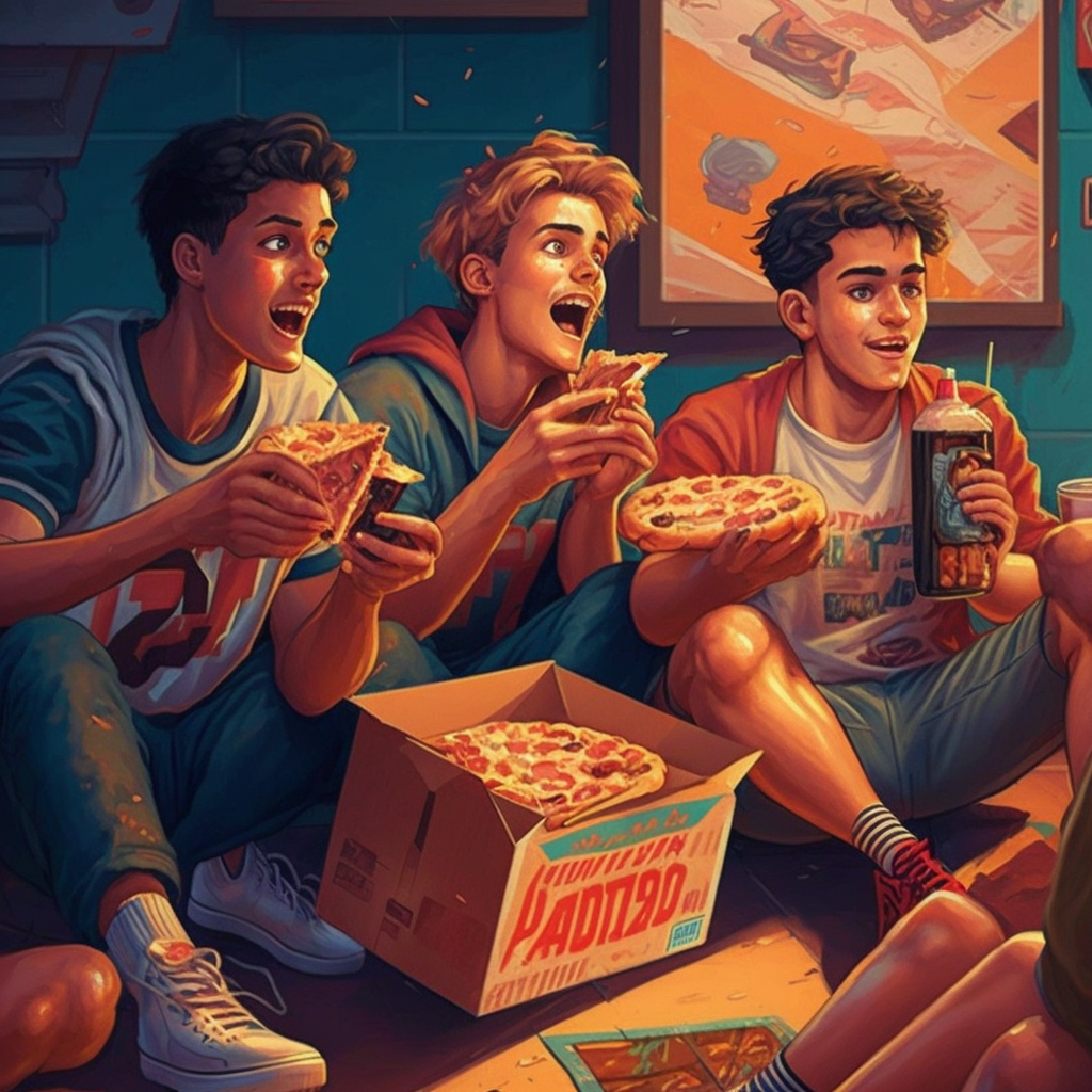 sardistic_A_group_of_friends_playing_video_games_together_pizza_7646da04-c391-495f-9dcf-51e6042abde0