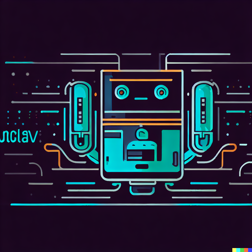 DALL·E 2023-06-26 11.51.54 – a 2d vector header image, simple, with robot and multivac tube connotations, dark background