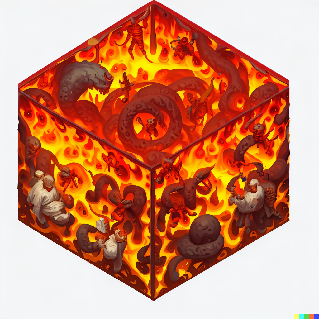 DALL·E 2023-06-26 11.52.48 – the 9 circles of hell compressed into a 6 meter isometric cube
