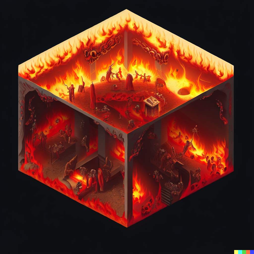 DALL·E 2023-06-26 11.52.51 – the 9 circles of hell compressed into a 6 meter isometric cube