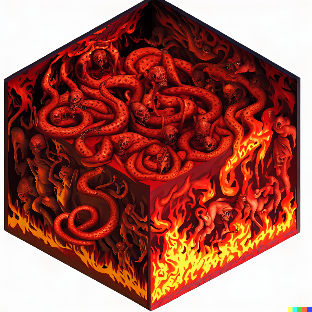 DALL·E 2023-06-26 11.52.54 – the 9 circles of hell compressed into a 6 meter isometric cube