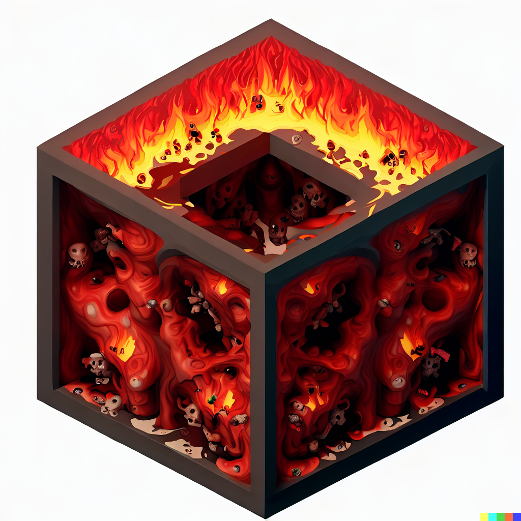 DALL·E 2023-06-26 11.52.56 – the 9 circles of hell compressed into a 6 meter isometric cube