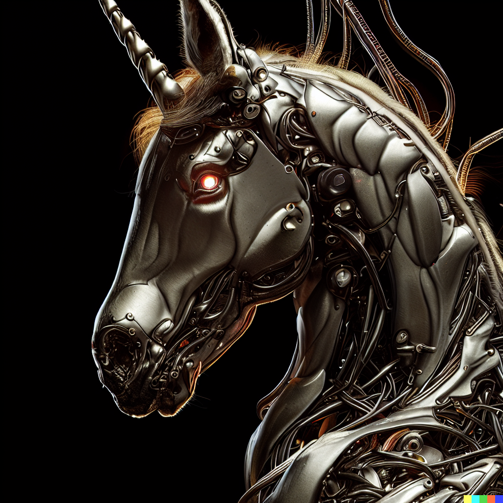 DALL·E 2023-06-26 11.53.59 – Capture a breathtaking photograph of a majestic robot unicorn, with every detail meticulously rendered in hyper-realistic style. The metallic sheen of
