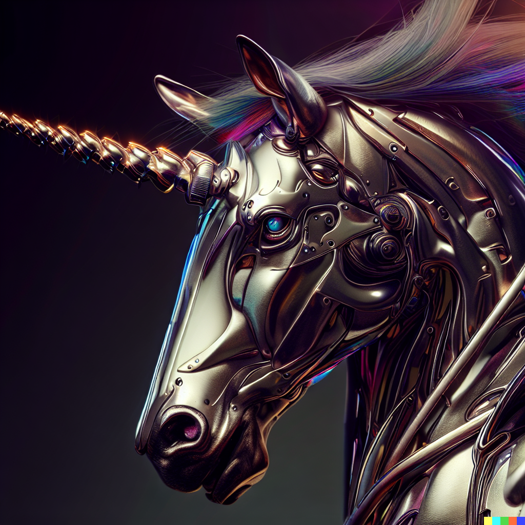 DALL·E 2023-06-26 11.54.03 – Capture a breathtaking photograph of a majestic robot unicorn, with every detail meticulously rendered in hyper-realistic style. The metallic sheen of