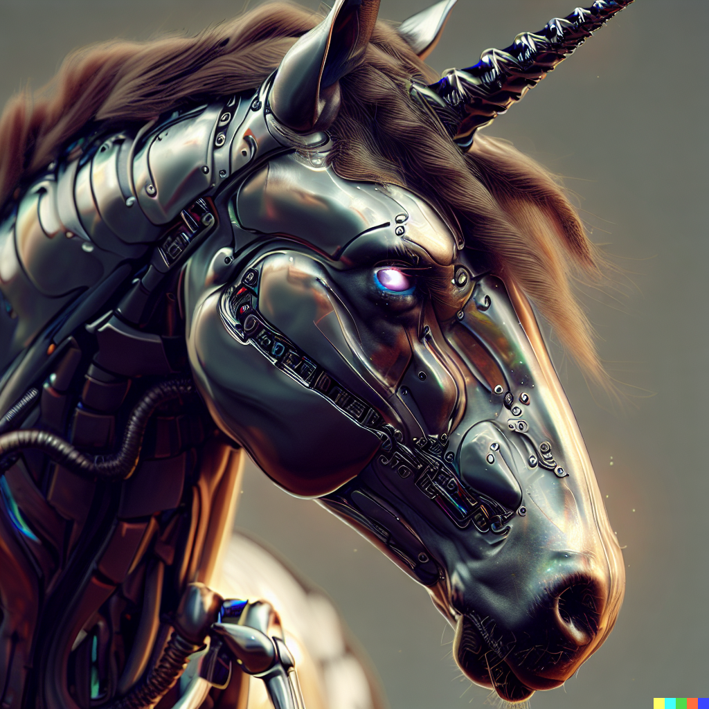 DALL·E 2023-06-26 11.54.07 – Capture a breathtaking photograph of a majestic robot unicorn, with every detail meticulously rendered in hyper-realistic style. The metallic sheen of