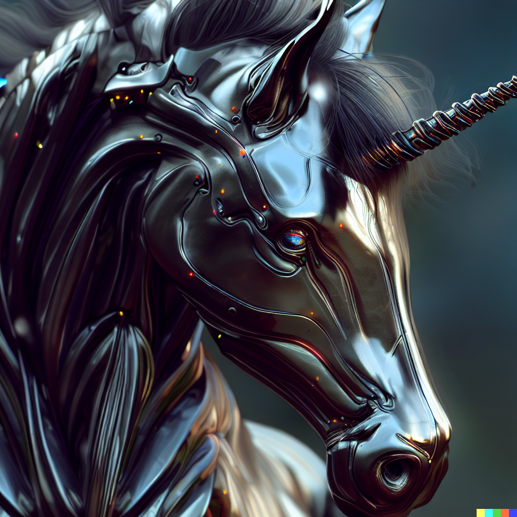 DALL·E 2023-06-26 11.54.11 – Capture a breathtaking photograph of a majestic robot unicorn, with every detail meticulously rendered in hyper-realistic style. The metallic sheen of