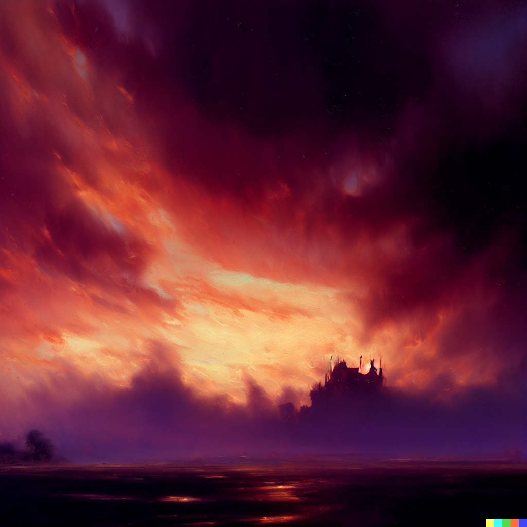 DALL·E 2023-06-26 11.55.53 – the sky on fire with a dark purple castle in the distance by ludwig munthe