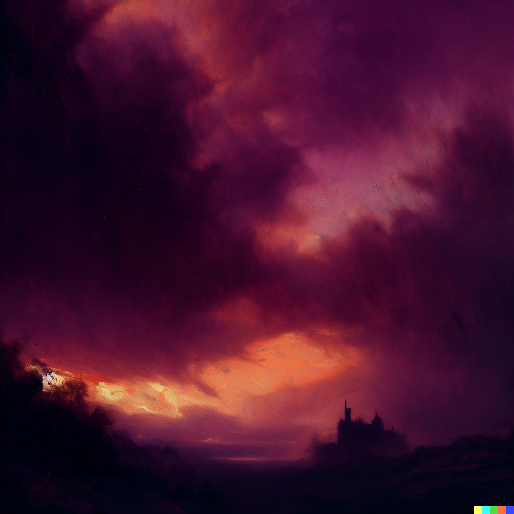 DALL·E 2023-06-26 11.55.55 – the sky on fire with a dark purple castle in the distance by ludwig munthe