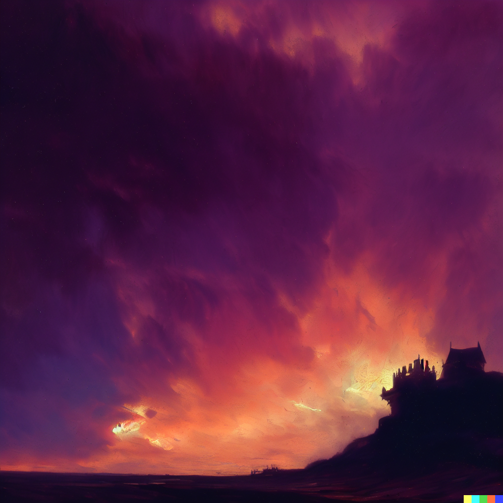 DALL·E 2023-06-26 11.56.01 – the sky on fire with a dark purple castle in the distance by ludwig munthe