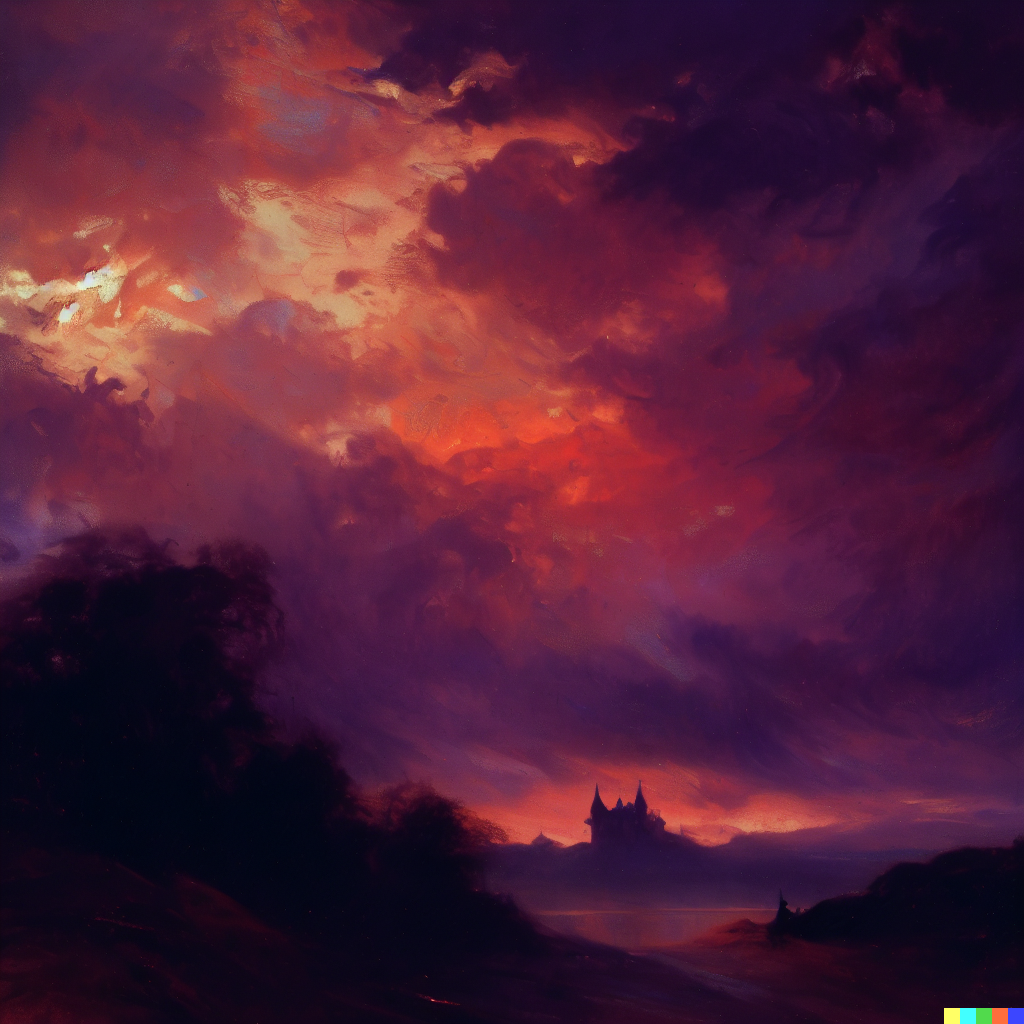 DALL·E 2023-06-26 11.56.05 – the sky on fire by ludwig munthe with a dark purple castle in the distance