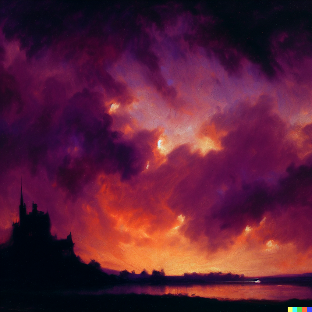 DALL·E 2023-06-26 11.56.08 – the sky on fire by ludwig munthe with a dark purple castle in the distance