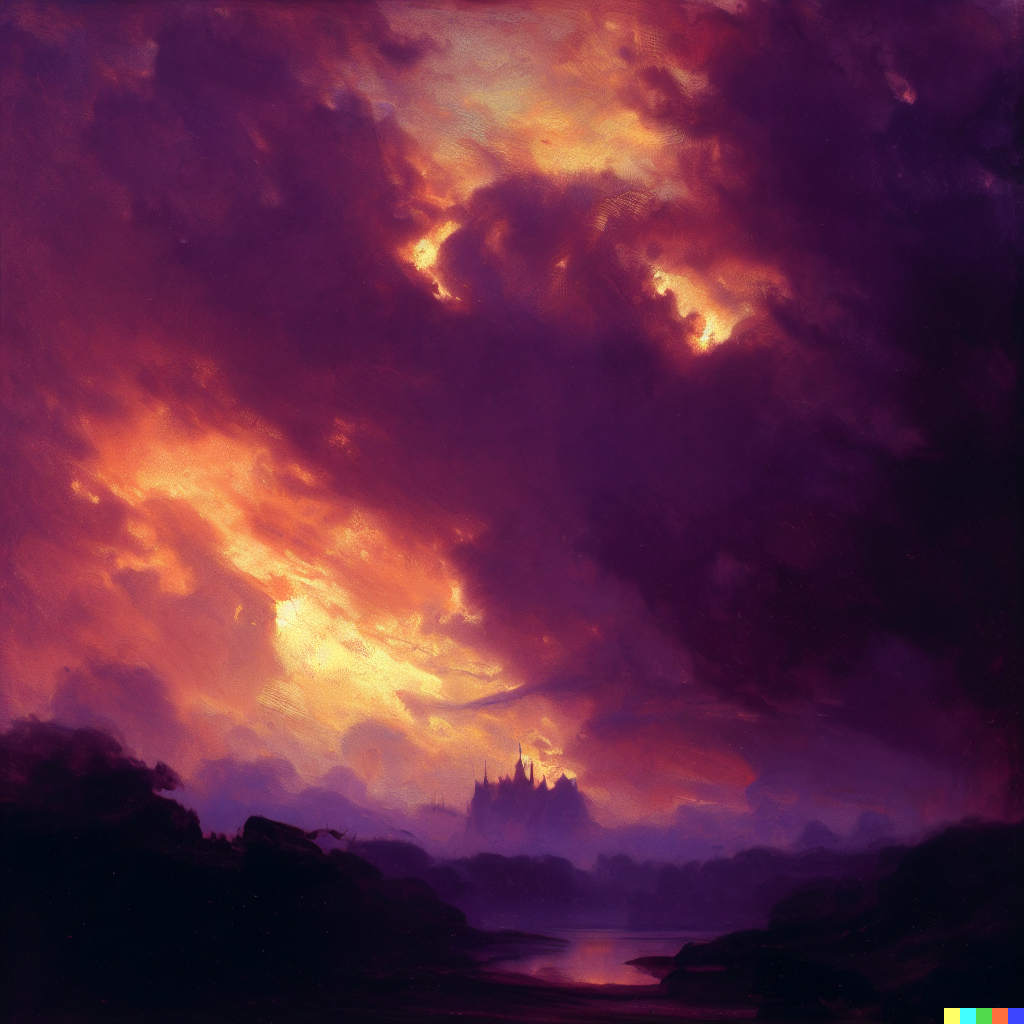DALL·E 2023-06-26 11.56.12 – the sky on fire by ludwig munthe with a dark purple castle in the distance