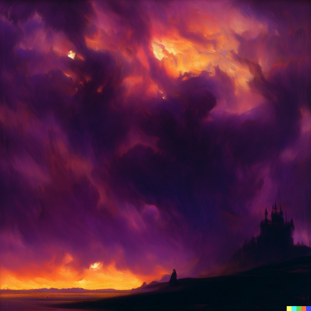 DALL·E 2023-06-26 11.56.15 – the sky on fire by ludwig munthe with a dark purple castle in the distance
