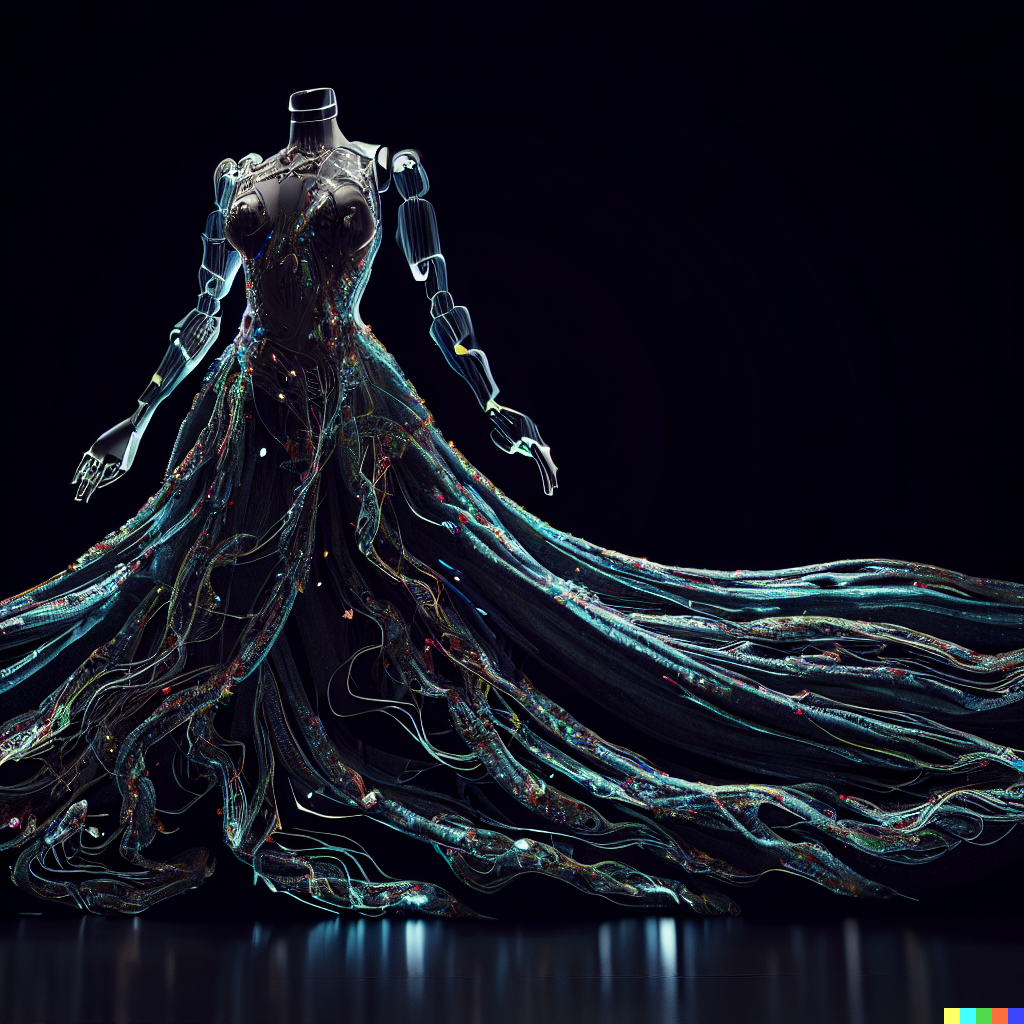 DALL·E 2023-06-26 11.56.36 – flowing dress made of a realistic robotic nervous system, unreal engine, J. G. Quintel, Gustav Klimt, Jordan Grimmer, bayard gric, Tim Doyle, and Zdzi