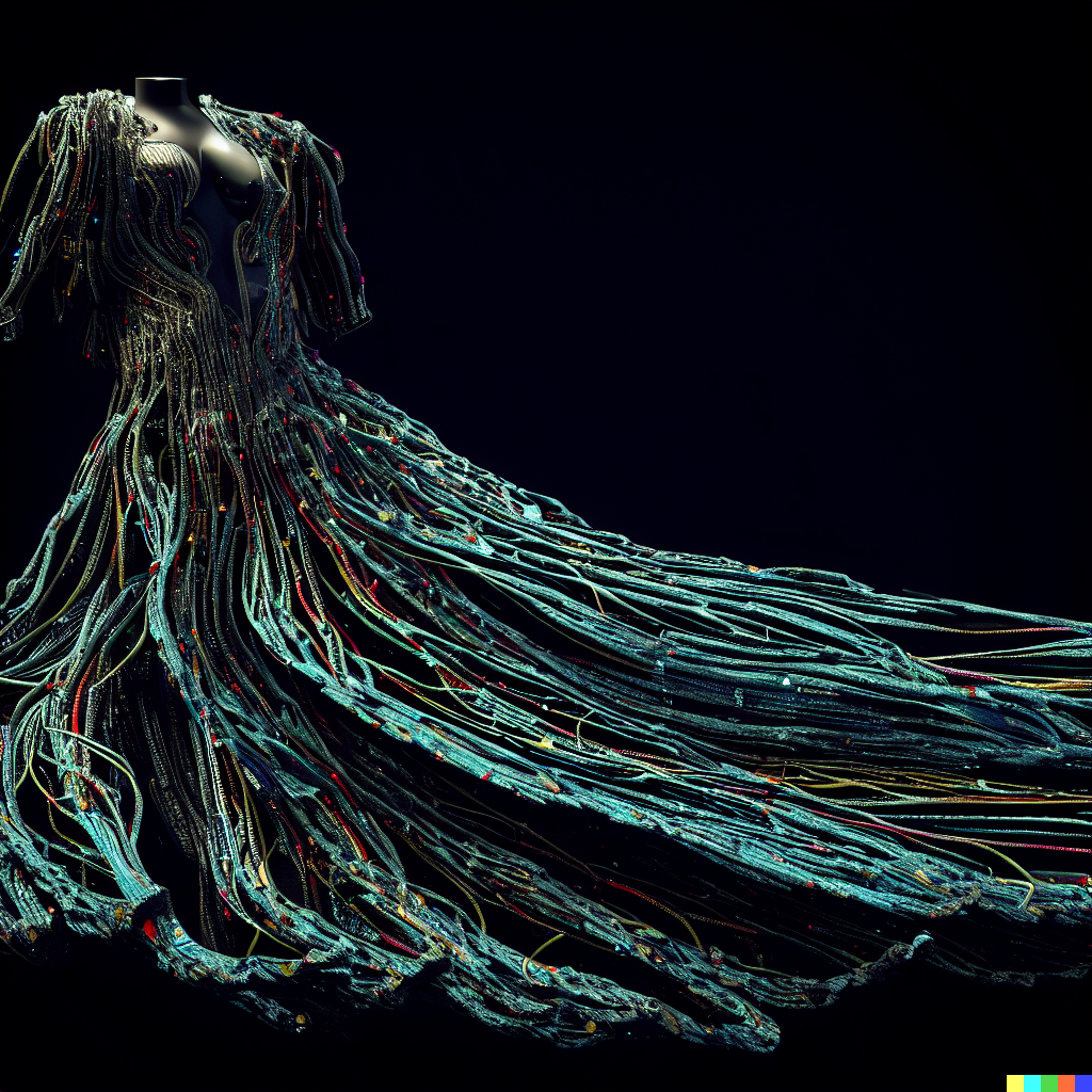 DALL·E 2023-06-26 11.56.41 – flowing dress made of a realistic robotic nervous system, unreal engine, J. G. Quintel, Gustav Klimt, Jordan Grimmer, bayard gric, Tim Doyle, and Zdzi