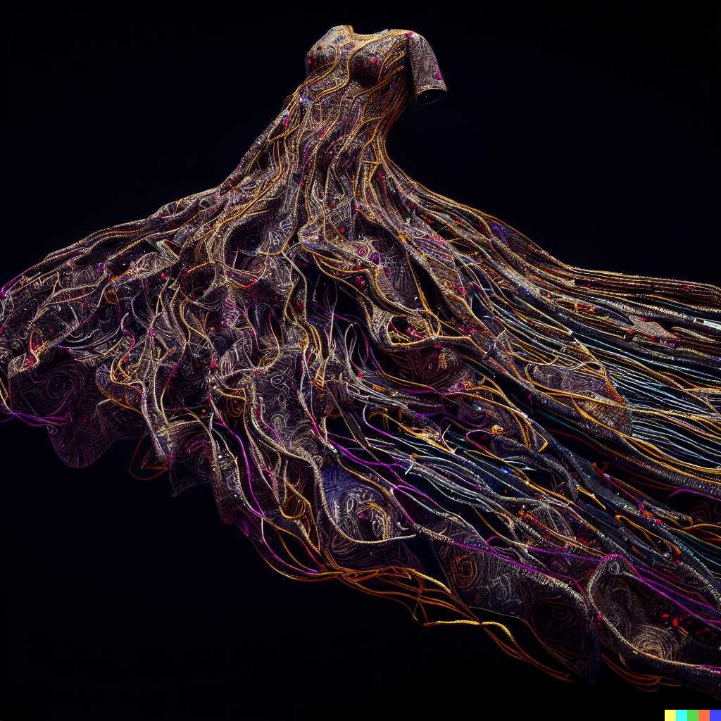 DALL·E 2023-06-26 11.56.46 – flowing dress made of a realistic robitic nervous system, unreal engine, J. G. Quintel, Gustav Klimt, Jordan Grimmer, bayard gric, Tim Doyle, and Zdzi