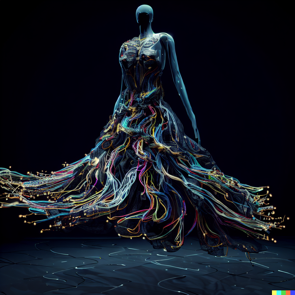 DALL·E 2023-06-26 11.56.49 – flowing dress made of a realistic robitic nervous system, unreal engine, J. G. Quintel, Gustav Klimt, Jordan Grimmer, bayard gric, Tim Doyle, and Zdzi